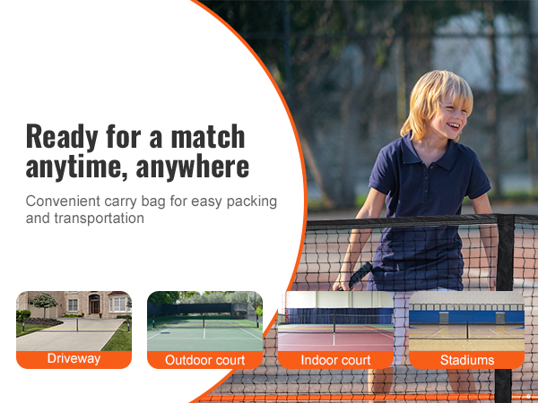ready to play with the VEVOR pickleball net set on driveway, indoor and outdoor courts, and stadiums.