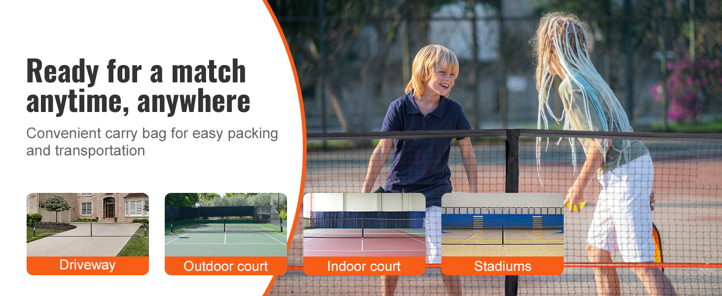 ready to play with the VEVOR pickleball net set on driveway, indoor and outdoor courts, and stadiums.