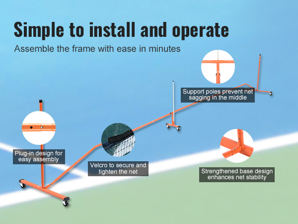 simple installation and operation of VEVOR pickleball net set with support poles and strengthened base.