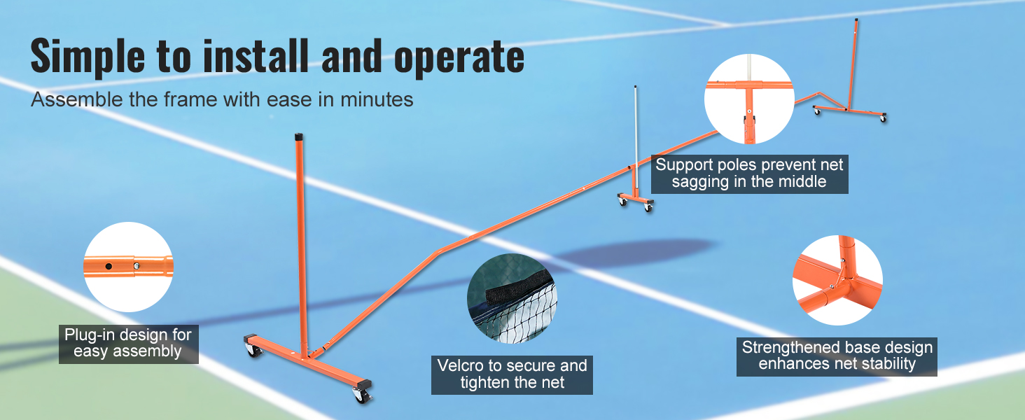 simple installation and operation of VEVOR pickleball net set with support poles and strengthened base.