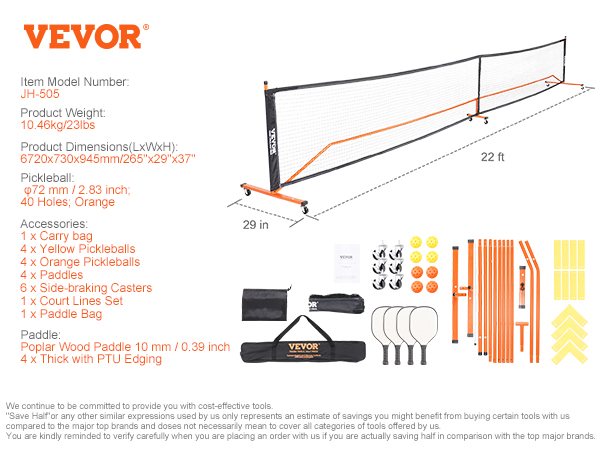 VEVOR pickleball net set includes net, paddles, pickleballs, carry bag, and court lines. model jh-505.