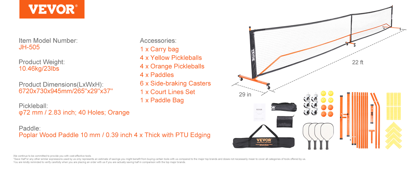 VEVOR pickleball net set includes net, paddles, pickleballs, carry bag, and court lines. model jh-505.