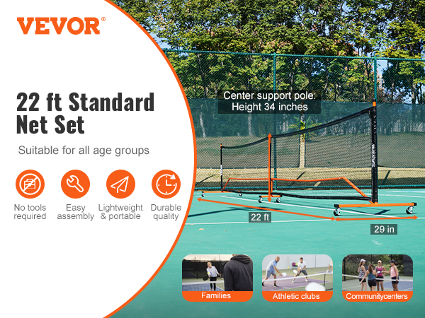 VEVOR pickleball net set: 22ft standard net, easy assembly, lightweight, suitable for all ages.
