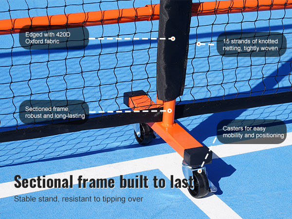 sturdy VEVOR pickleball net set with durable frame, casters for mobility, and 420d oxford fabric trim.