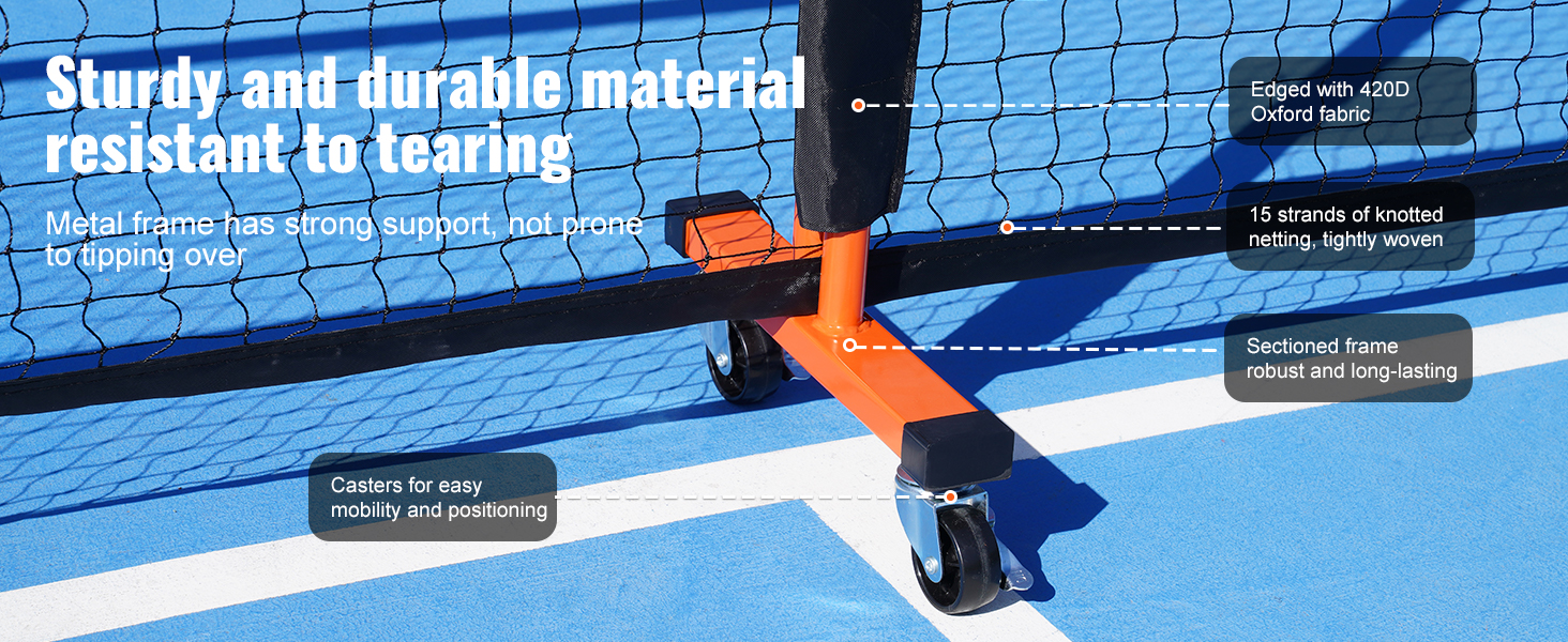 sturdy VEVOR pickleball net set with durable frame, casters for mobility, and 420d oxford fabric trim.