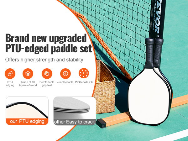 brand new VEVOR pickleball net set with ptu-edged paddles, 4 replaceable grips, and 8 pickleballs.