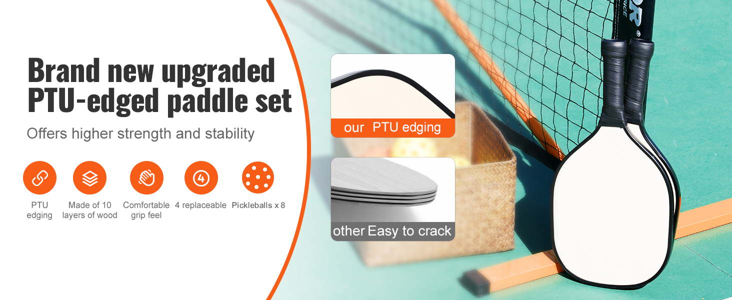 brand new VEVOR pickleball net set with ptu-edged paddles, 4 replaceable grips, and 8 pickleballs.