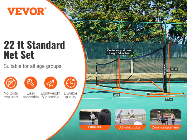 VEVOR pickleball net set - 22 ft durable, portable, easy assembly net, suitable for families and clubs.