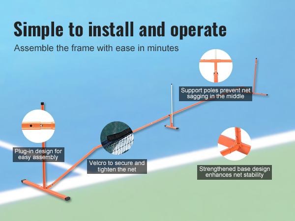 VEVOR pickleball net set on a blue court with easy assembly, support poles, velcro tightening, and stable base.