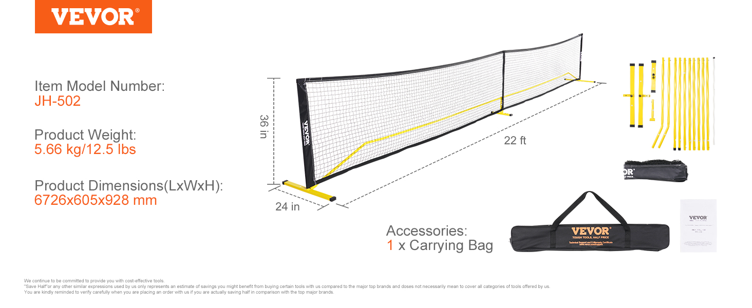 VEVOR pickleball net, 22 ft wide, 36 in high, with carrying bag, model jh-502, weight 12.5 lbs.