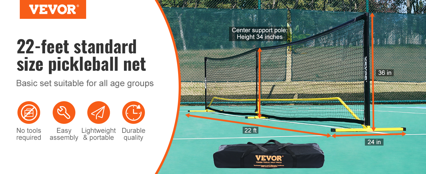 VEVOR pickleball net: 22 feet, easy assembly, lightweight, durable, suitable for all ages, no tools needed.