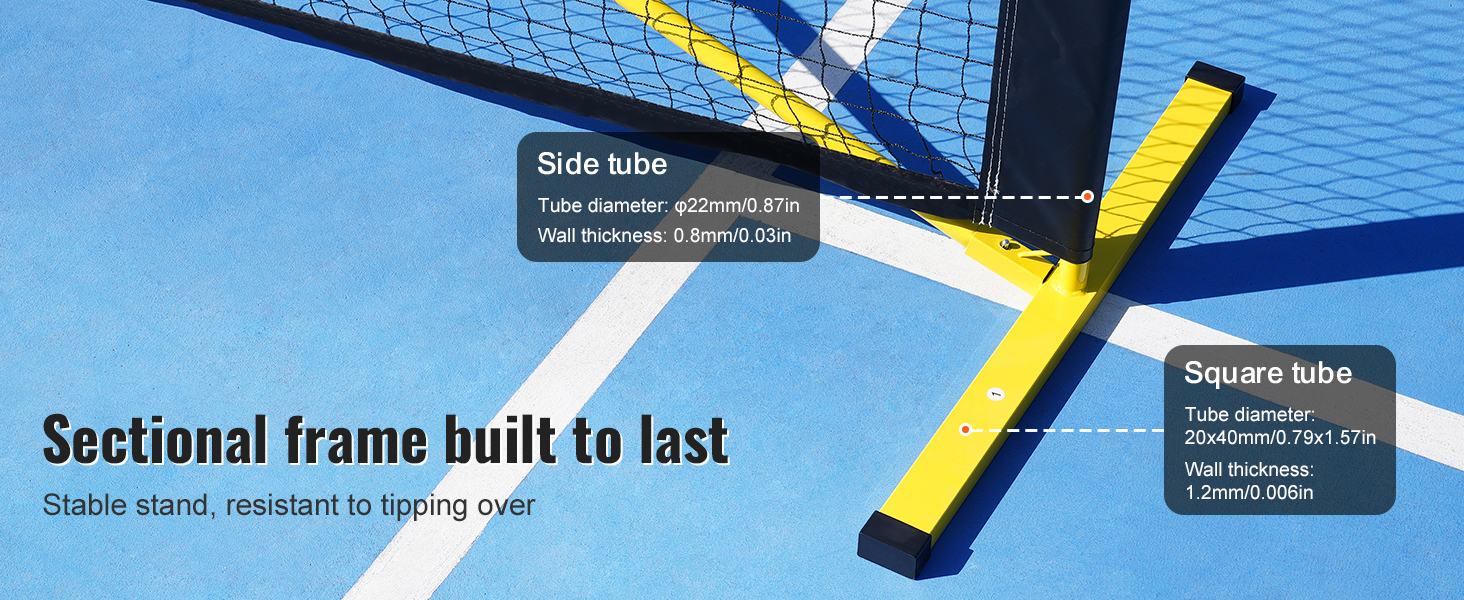 VEVOR pickleball net with sectional frame, stable stand, yellow base, and detailed tube specifications.