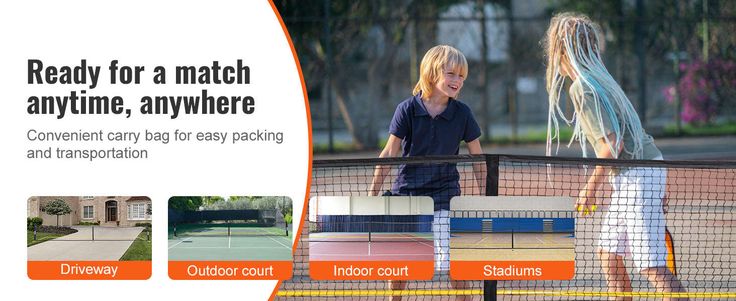 children playing pickleball with VEVOR pickleball net, adaptable for driveway, outdoor court, indoor court, and stadiums.