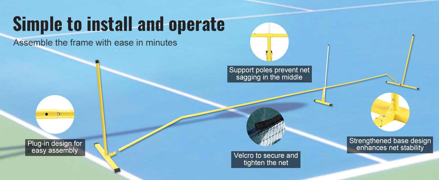 VEVOR pickleball net assembly on a blue court with plug-in design, support poles, and strengthened base.