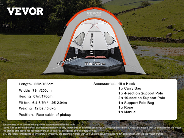 VEVOR truck bed tent on a grassy field, showcasing dimensions and accessory details in a chart.