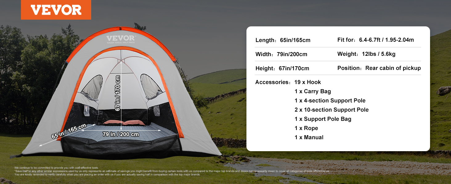 VEVOR truck bed tent on a grassy field, showcasing dimensions and accessory details in a chart.