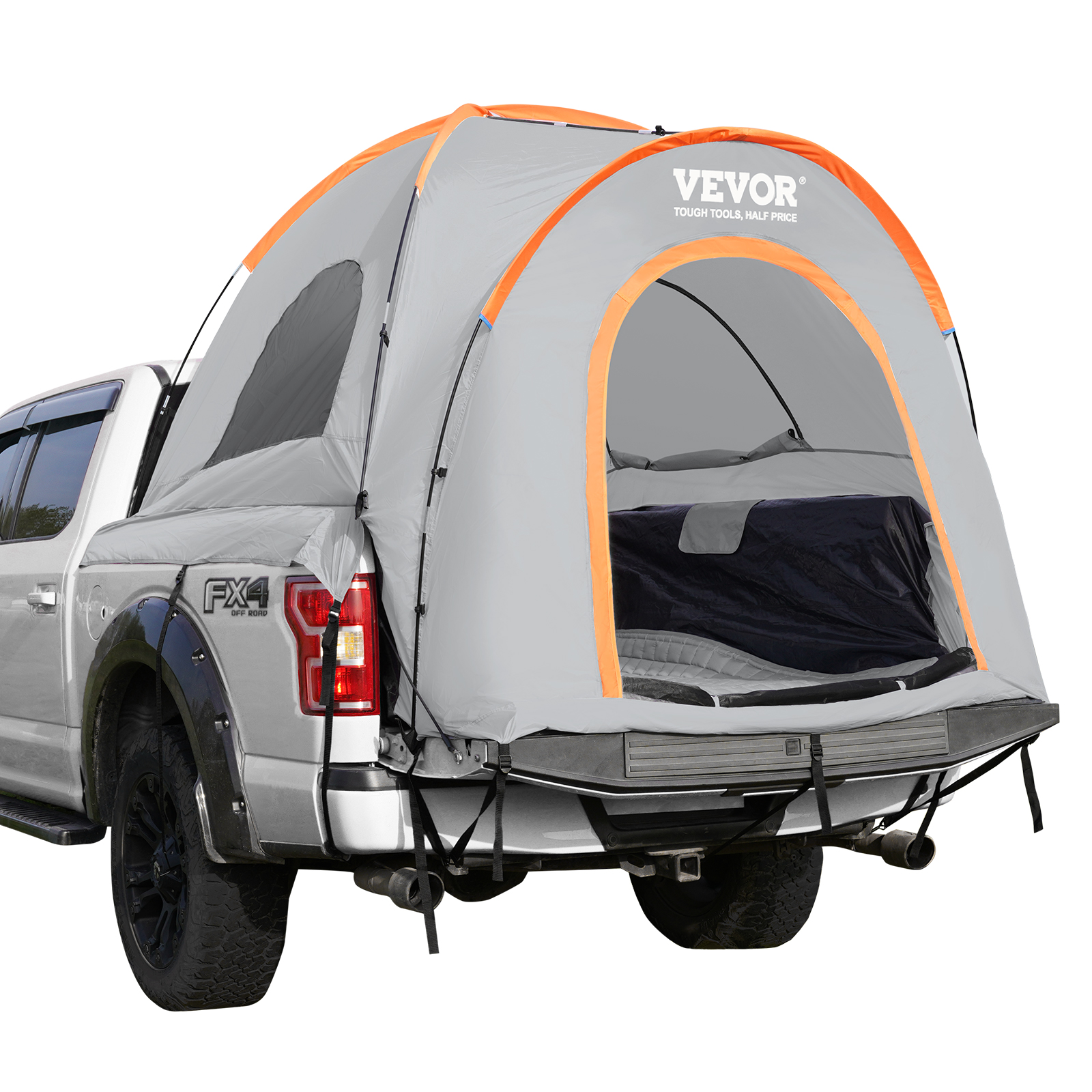 VEVOR truck bed tent on a silver fx4 truck, gray with orange trim, setup for camping.