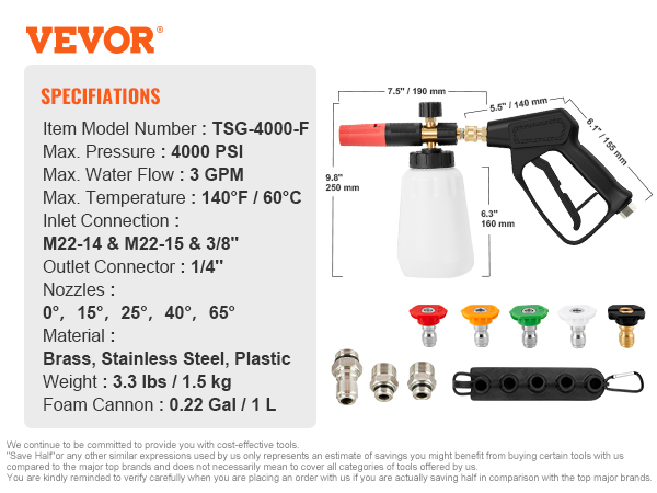 VEVOR pressure washer gun with specifications and various nozzles displayed on a white background.