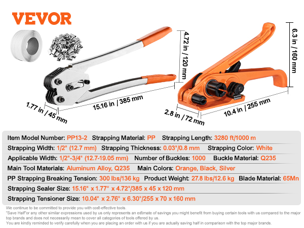 VEVOR banding strapping kit with tools, strapping, and buckles dimensions labeled in orange, black, and silver.