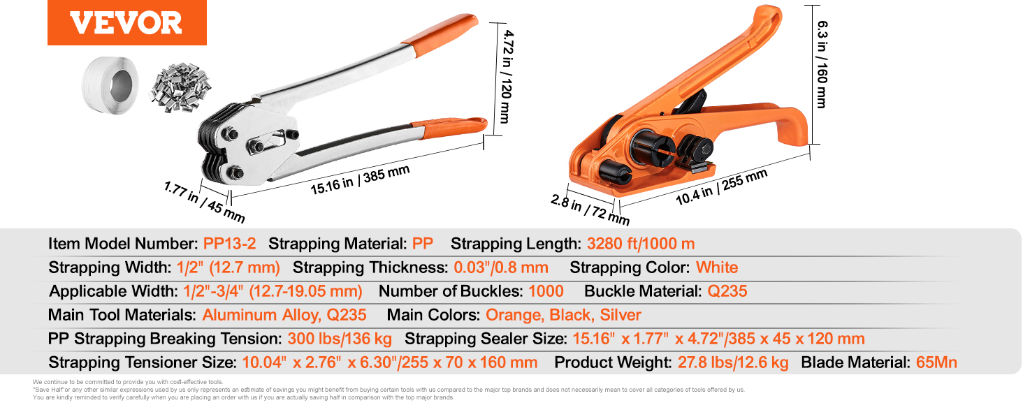 VEVOR banding strapping kit with tools, strapping, and buckles dimensions labeled in orange, black, and silver.