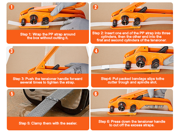 VEVOR banding strapping kit step-by-step guide: wrap, insert, push, put, clamp, press.