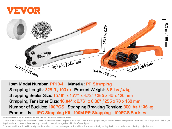 VEVOR banding strapping kit with tensioner, sealer, 100m pp strapping, 100 buckles, and detailed specs.