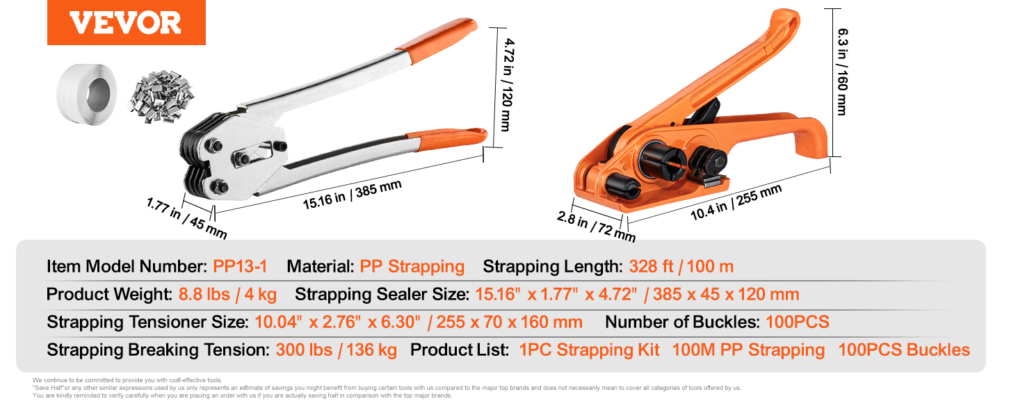 VEVOR banding strapping kit with tensioner, sealer, 100m pp strapping, 100 buckles, and detailed specs.