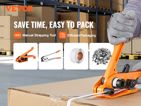 VEVOR banding strapping kit being used in a warehouse for efficient package securing with gloves.