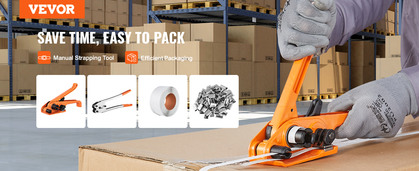 VEVOR banding strapping kit being used in a warehouse for efficient package securing with gloves.