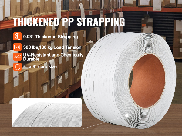 thickened pp strapping roll in a warehouse with boxes, featuring VEVOR banding strapping kit specifications.