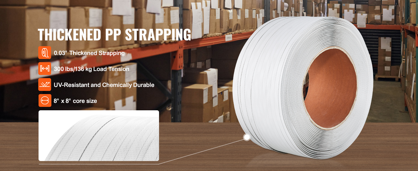 thickened pp strapping roll in a warehouse with boxes, featuring VEVOR banding strapping kit specifications.