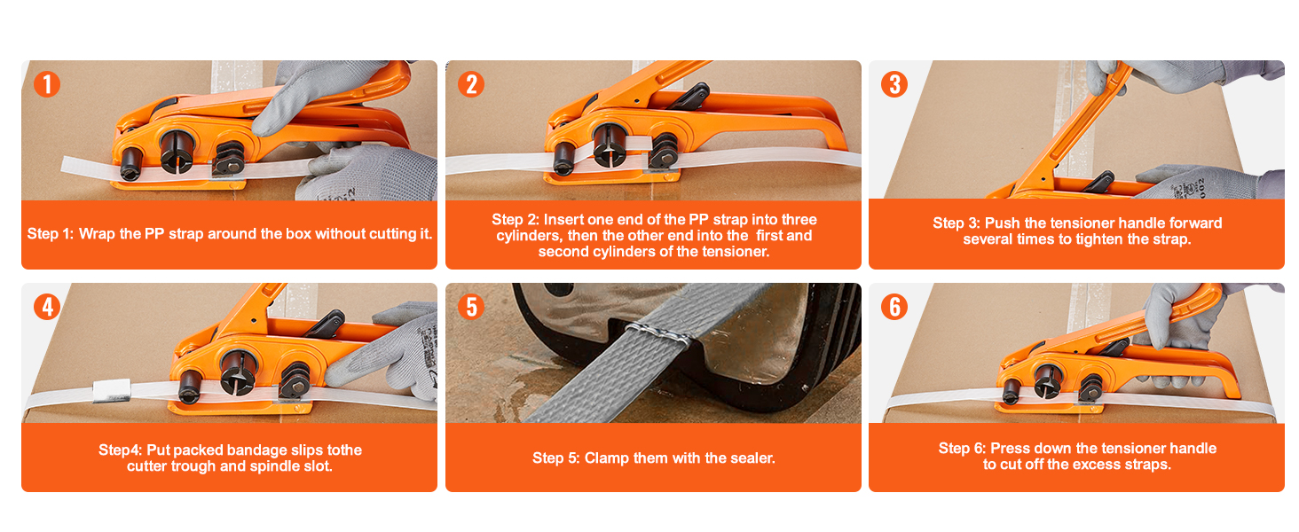 VEVOR banding strapping kit use instructions for tightening and sealing pp straps around a box.