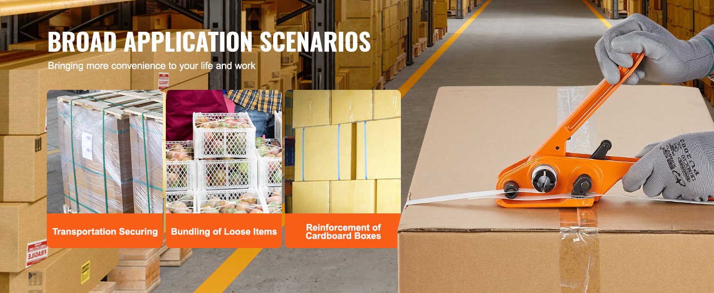VEVOR banding strapping kit used for securing transportation, bundling loose items, and reinforcing boxes.