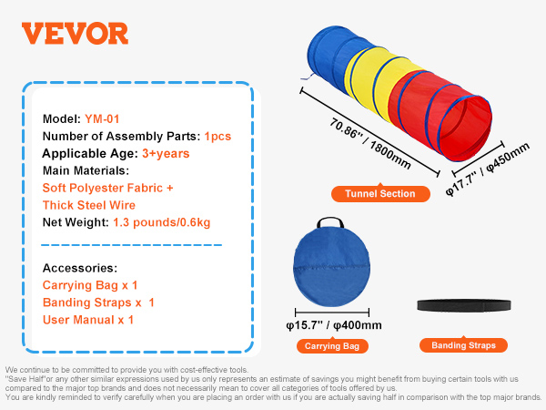 VEVOR kids play tunnel with carrying bag, banding straps, and user manual for ages 3+.