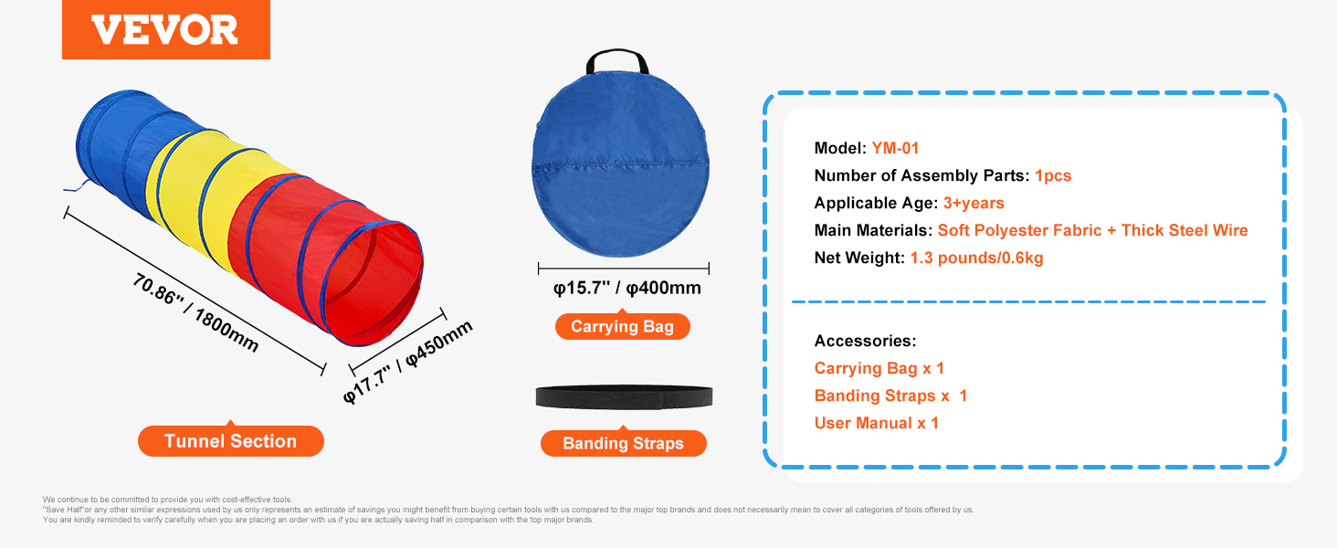 VEVOR kids play tunnel with carrying bag, banding straps, and user manual for ages 3+.