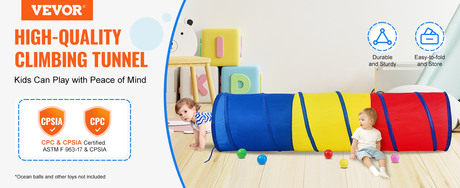 VEVOR kids play tunnel - high-quality climbing tunnel, durable, easy-to-fold, astm-certified for safety.