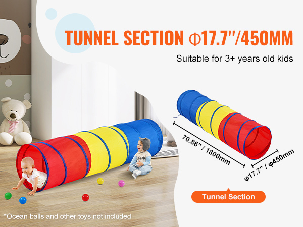 VEVOR kids play tunnel in vibrant red, yellow, blue colors, suitable for children 3+.