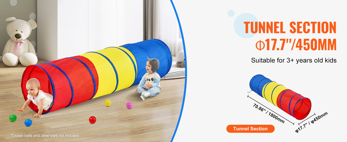VEVOR kids play tunnel in vibrant red, yellow, blue colors, suitable for children 3+.