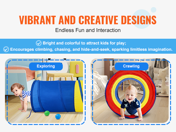 vibrant VEVOR kids play tunnel; encourages exploring and crawling; colorful design sparks imagination.