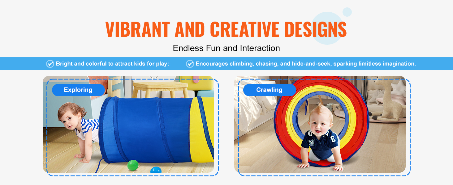 vibrant VEVOR kids play tunnel; encourages exploring and crawling; colorful design sparks imagination.