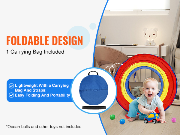 VEVOR kids play tunnel with foldable design, colorful rings, and included carrying bag.