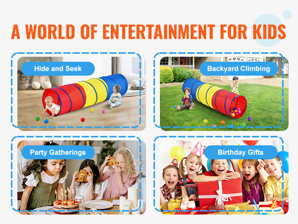 VEVOR kids play tunnel for hide and seek, backyard climbing, party gatherings, and birthday gifts.