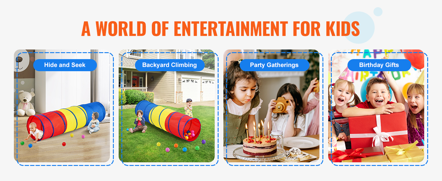 VEVOR kids play tunnel for hide and seek, backyard climbing, party gatherings, and birthday gifts.