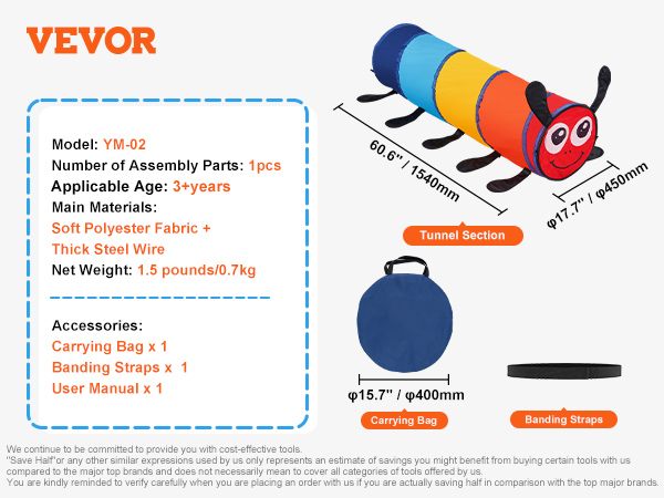 VEVOR kids play tunnel, colorful caterpillar design, includes carrying bag and banding straps.
