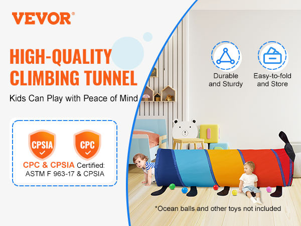 VEVOR kids play tunnel in vibrant colors with cpsia certification for durable and sturdy playtime.