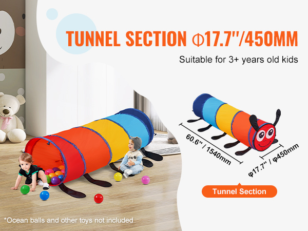 VEVOR kids play tunnel for 3+ years, multicolored, 17.7"/450mm diameter, children playing with balls.