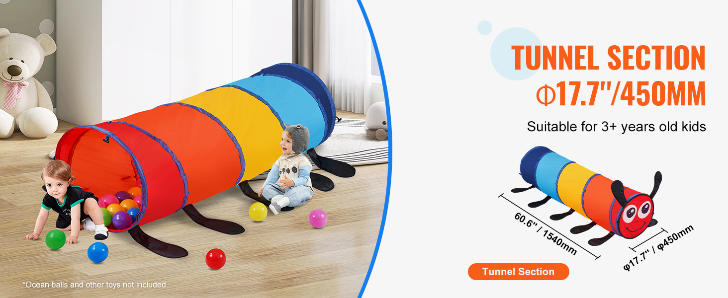 VEVOR kids play tunnel for 3+ years, multicolored, 17.7"/450mm diameter, children playing with balls.