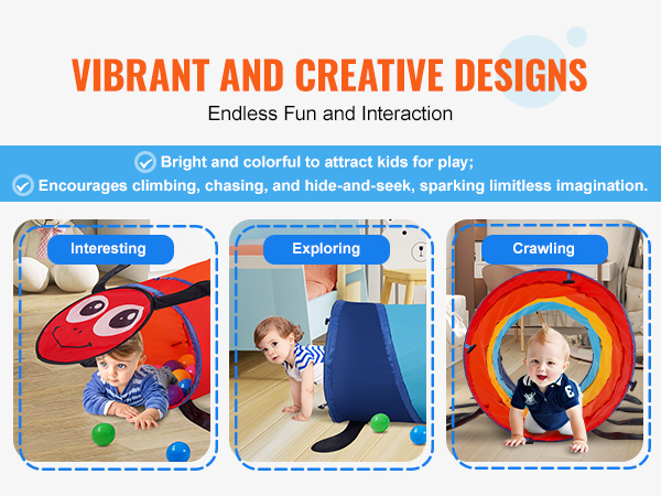 bright and colorful VEVOR kids play tunnel encourages children to explore, crawl, and play interactively.