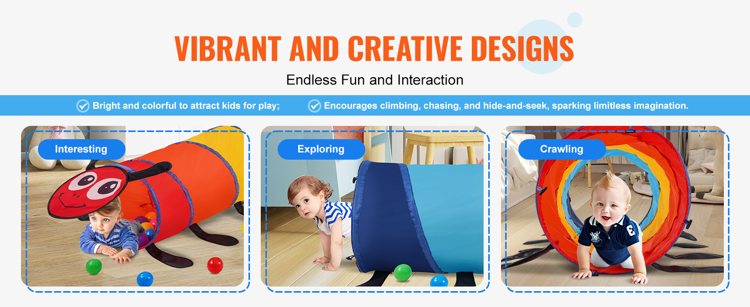 bright and colorful VEVOR kids play tunnel encourages children to explore, crawl, and play interactively.