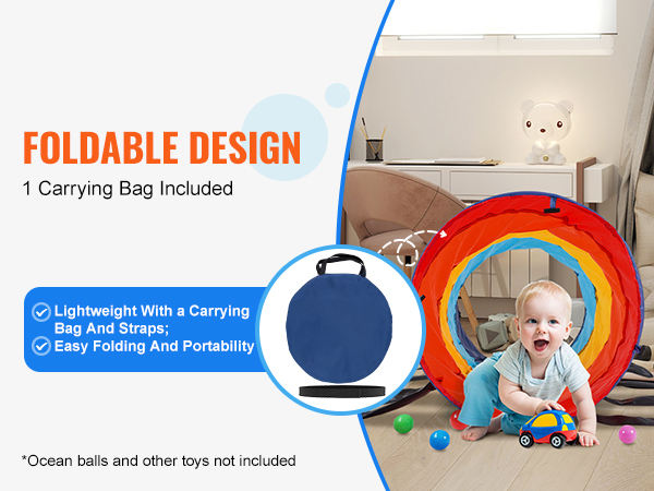 VEVOR kids play tunnel with foldable design, carrying bag, colorful tunnel, and child playing.